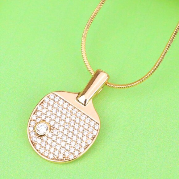 "Rose Gold Table Tennis Racket Pendant with Sparkling CZ Detailing, XPPT1376 - Picture 1 of 13